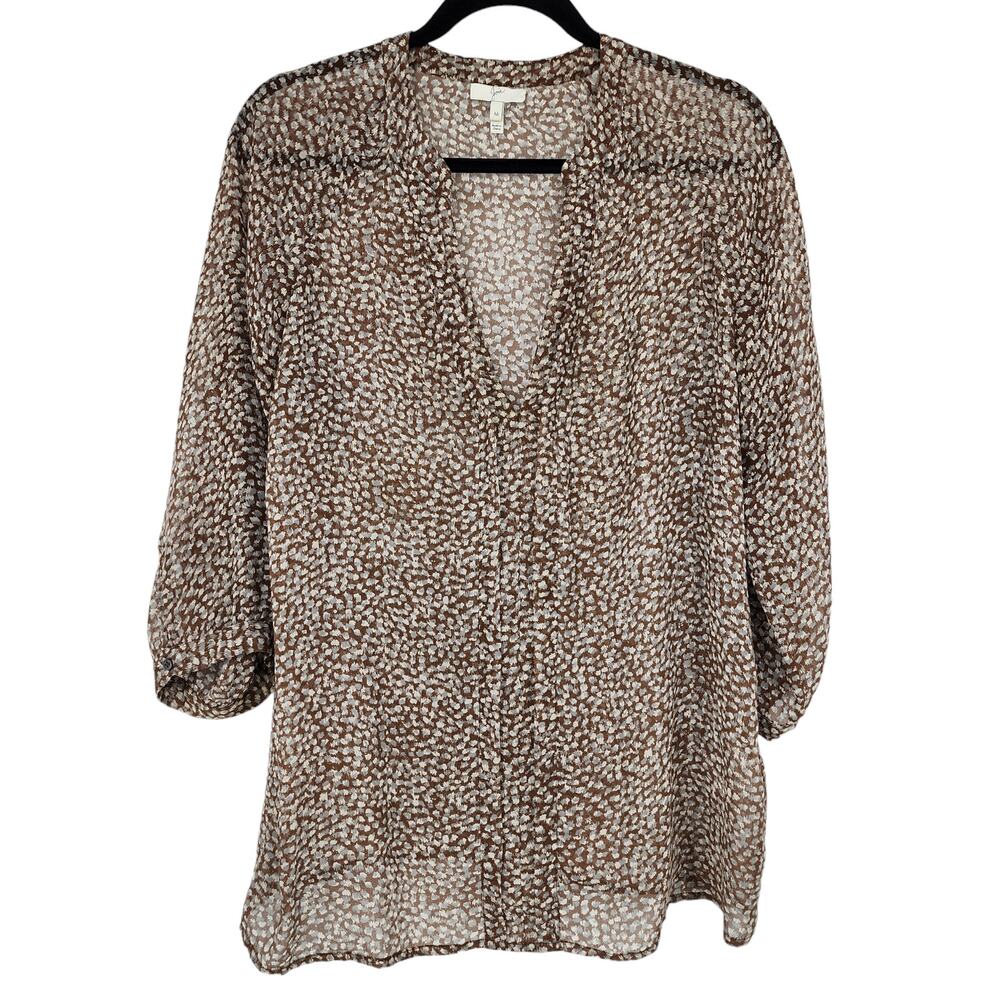 Joie Brown and White 100% Silk 3/4 Sleeve V-Neck Top Size Medium